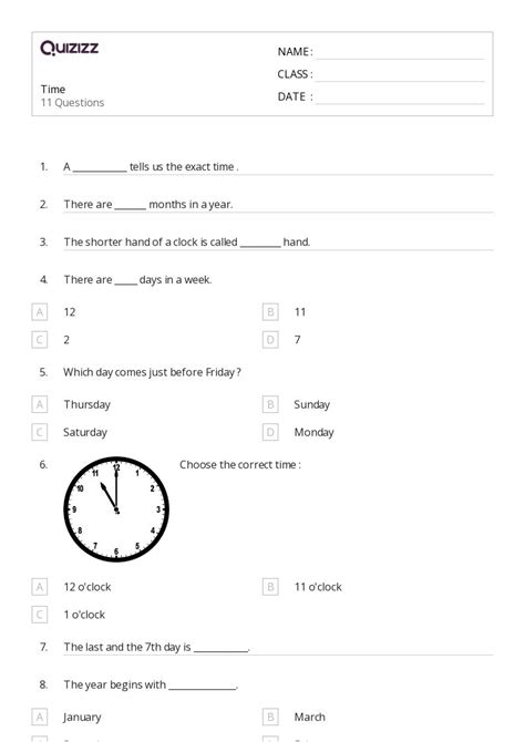 50+ Time worksheets for 1st Class on Quizizz | Free & Printable