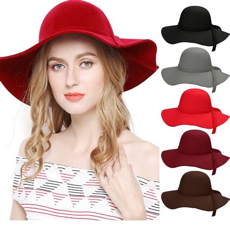 Women Wide Brim Felt Fedoras Hat, Vintage Autumn Winter Bowler Hats, Cloche Wide Brim Floppy Hat ...