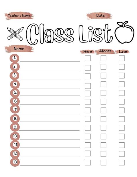 Charming Printable Class List with Apple Design for Student ...
