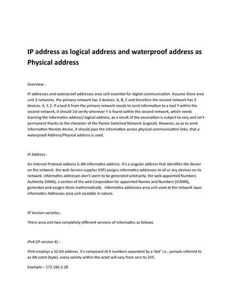 IP address as logical address and waterproof address as Physical ...