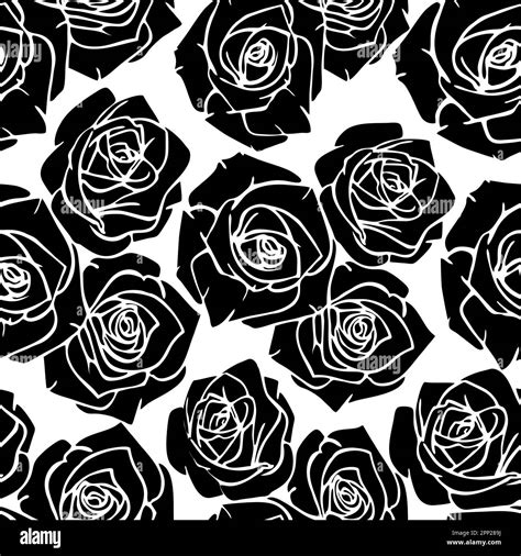 seamless graphic pattern of black silhouettes of roses on a white background, texture, design ...