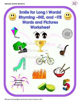 Smile for Long I Words! Rhyming -INE, and -ITE Words and Pictures Worksheet
