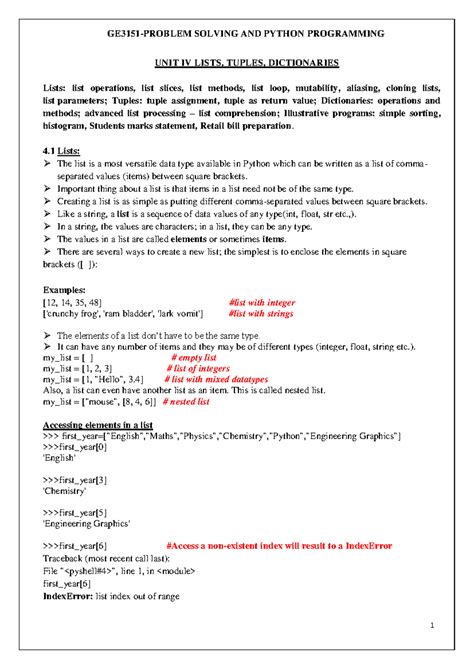 UNIT-4 - cse - UNIT IV LISTS, TUPLES, DICTIONARIES Lists: list ...