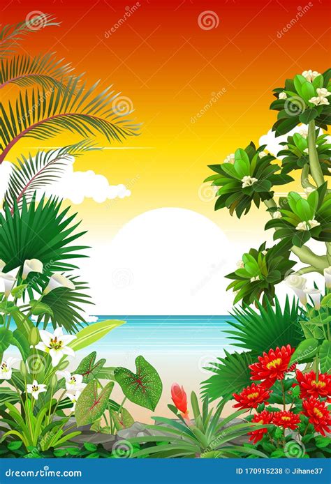 Beautiful Beach View with Tropical Plant and Flower Cartoon Stock ...