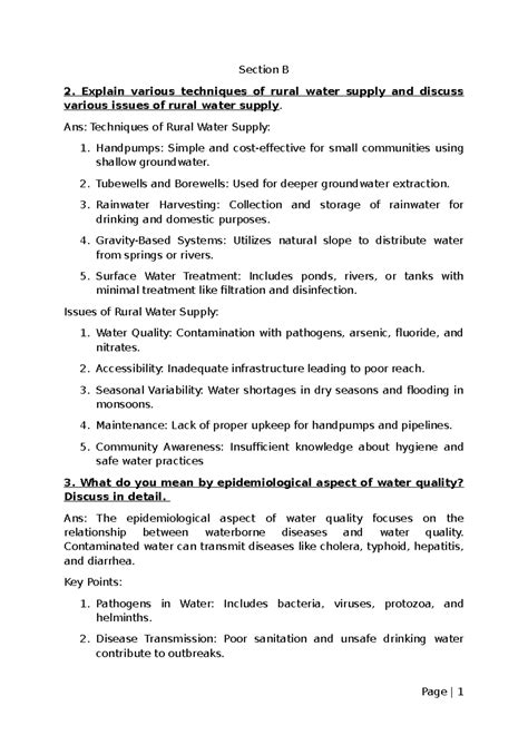 Section B&C rural water previous year - Section B 2. Explain various ...