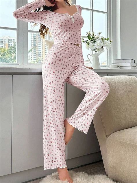 Women's Pajama Set Casual Comfort Floral Elastic Waist Pant Home Daily ...