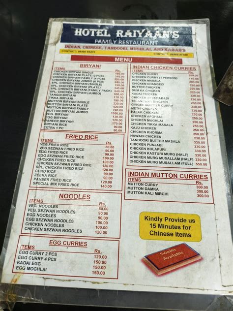 Menu at HOTEL RAIYAAN'S, Hanamkonda