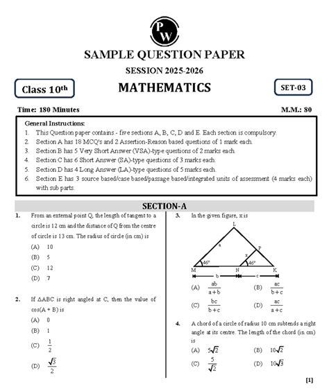 Class 10th Mathematics Sample Question Paper (Session) - Studocu