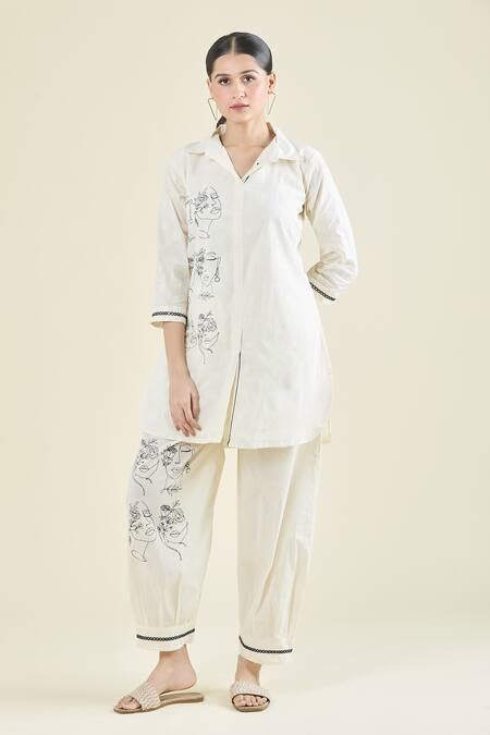 Buy Off White Cotton Print Portrait Collared Neck Tunic With Afghani ...