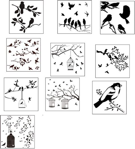 Buy 10 Pieces Birds Stencils Bird Tree Branches Stencil Flying Bird ...