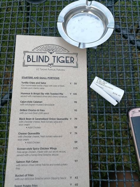 Menu at Blind Tiger Café restaurant, Johannesburg, 62 Tyrone Ave