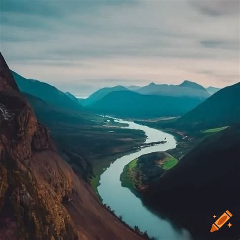 Snowy mountain landscape with river under a broad sky on Craiyon