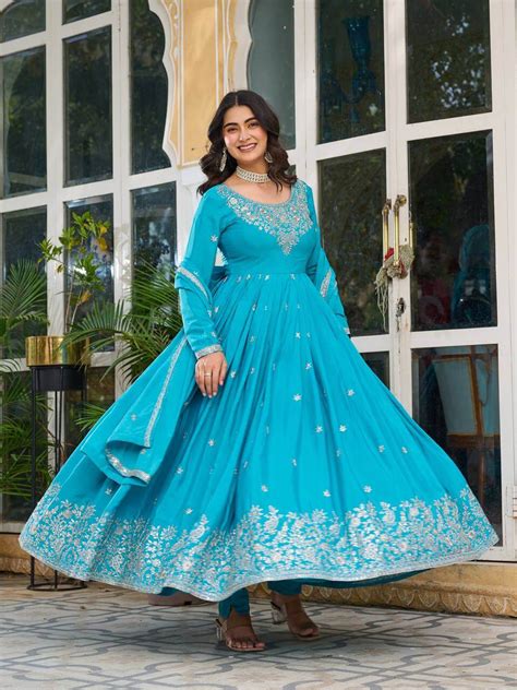 Thread work Sky Blue American Silk Anarkali – Namaste Ethnic