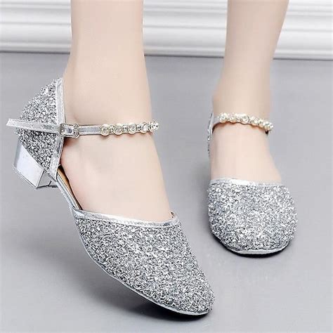 Girls' Glitter Silver Ballroom Dance Shoes – Low Heel Princess Party ...