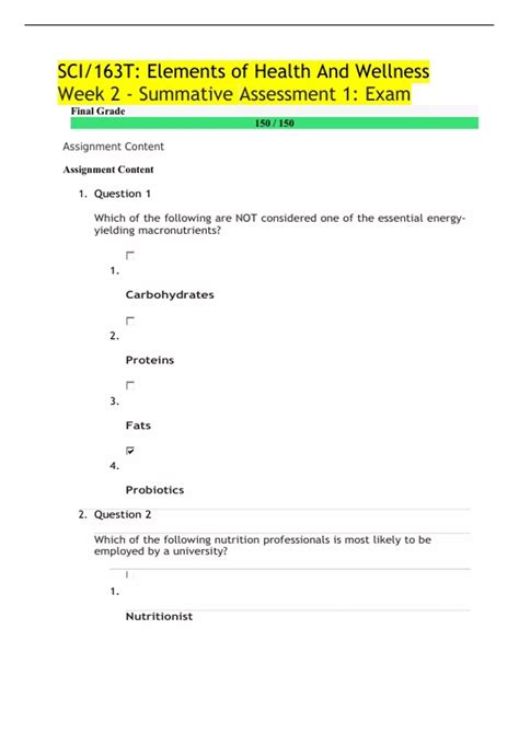 SCI/163T: Elements of Health And Wellness Week 2 - Summative Assessment 1: Exam - SCI/163T ...
