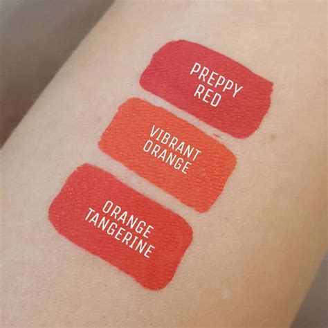 Swatches of Aromi Liquid Lipsticks in Orange and Red Orange Shades ...