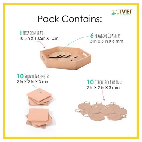 IVEI DIY MDF Hexagon Tray Pack with 6 Coasters , 10 Square magnets, 10 ...