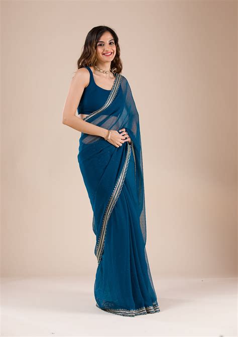 Buy Peacock Blue Stonework Chiffon Saree - Koskii
