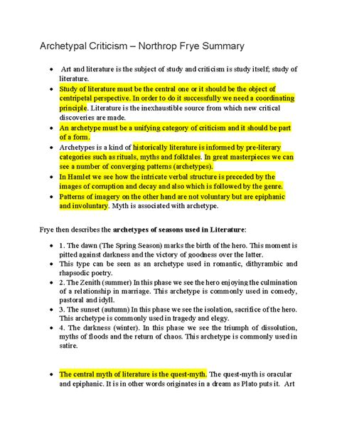 Archetypal Criticism Summary: Insights from Northrop Frye - Studocu