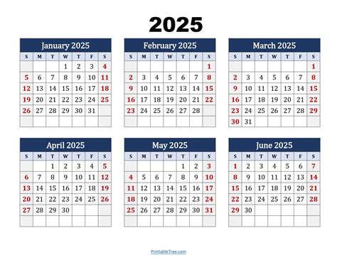 January to June 2025 Calendar Printable PDF | Six Months Calendar