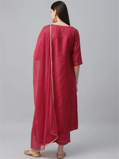 Buy Pink Self Design Polyester Straight Kurta With Palazzos & Dupatta ...