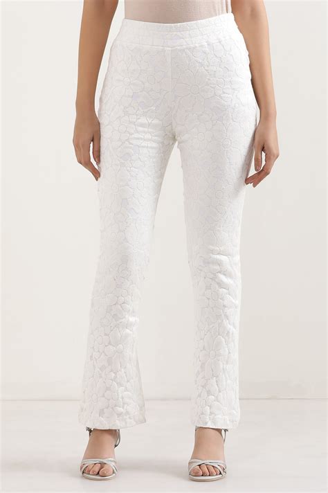 Buy Elleven Women's White Floral Flared Cotton Pants With Elasticated ...