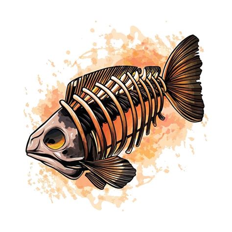 Artistic illustration of a fish skeleton the fishs head is intact ...