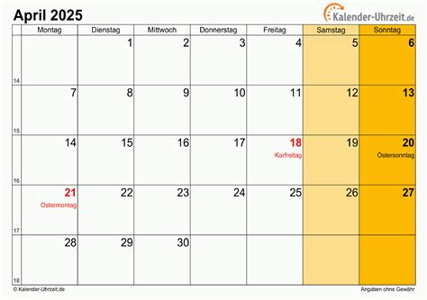 April 2025 Kalender mit Feiertagen