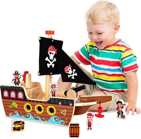 Amazon.com: ArtCreativity Wooden Pirate Ship Toy Set for Kids - Pirate ...