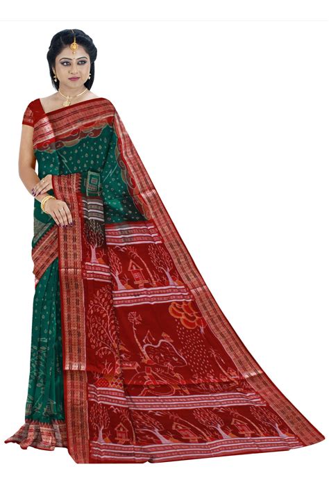 Beautiful Rainy Day scenery print sambalpuri saree in green color. Wit