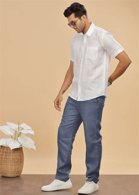 Dark Blue Grey Pure Linen Pants by Linen Trail