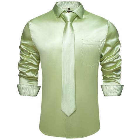 DiBanGu Sage Green Satin Long Sleeve Dress Shirt for Men with Tie and ...