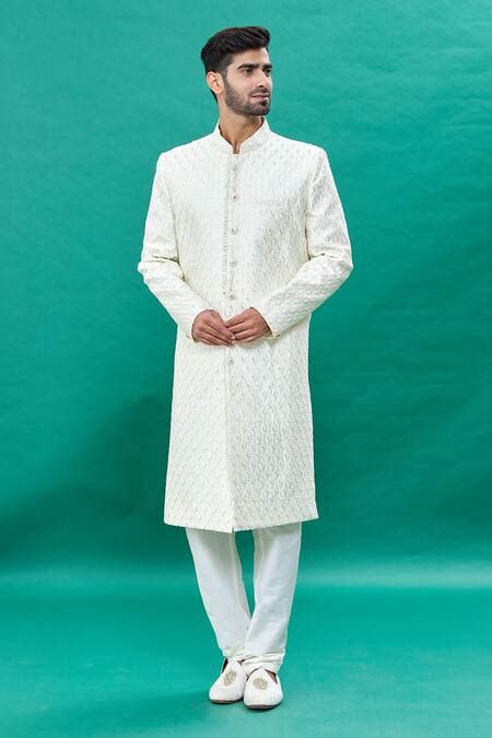 Buy Off White Silk Sequins Floral Pattern Sherwani Set For Men by Rng ...