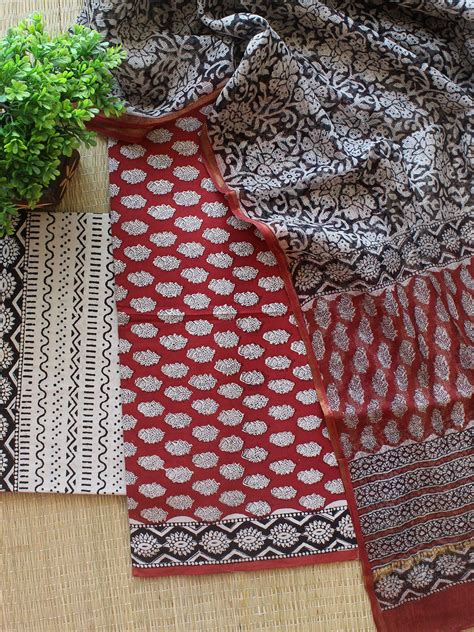 Maroon Bagru Hand Block Printed Cotton Dress Material with Kota Doria ...