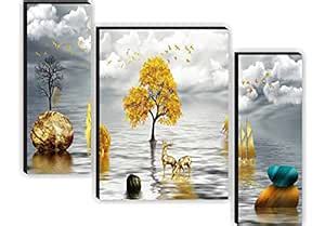 SAF paintings Set of 3 Deer with Tree Modern Art UV Textured Home ...