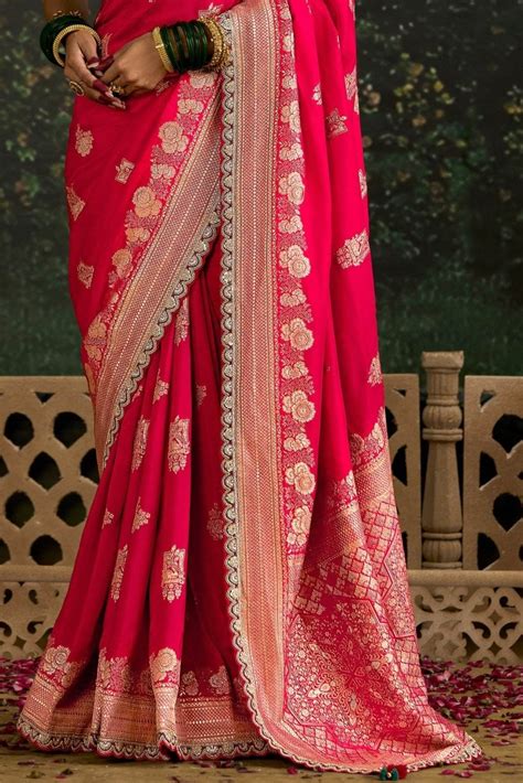 Red Designer Banarasi Dola Silk Saree | Kimora.in