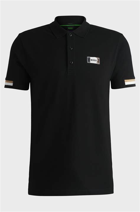 BOSS - Mercerised-cotton polo shirt with signature stripes - Black