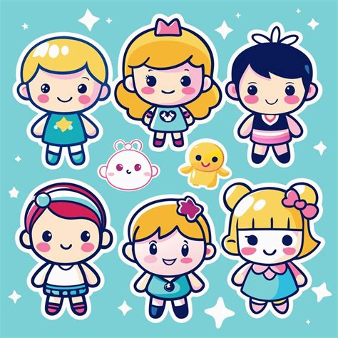 Cute cartoon characters in pastel colors including a boy a girl and a ...