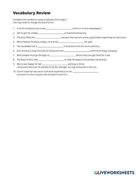 Interview Vocab Worksheet 的图像结果