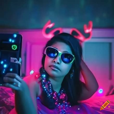 Indian woman taking a selfie in a bedroom with pink pop cultural ...