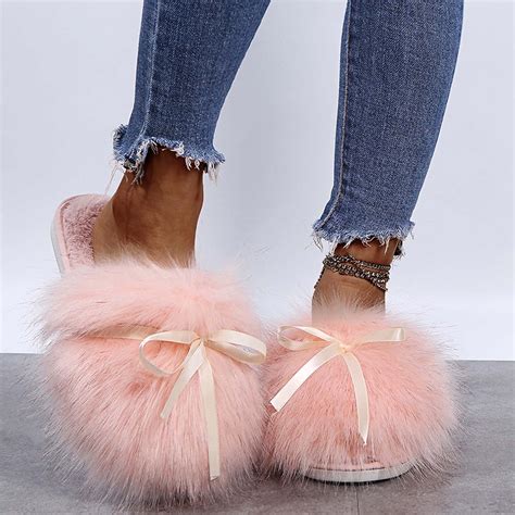FAMTKT Fuzzy Slippers for Women Fall and Winter Bow Knot Homehold Shoes ...