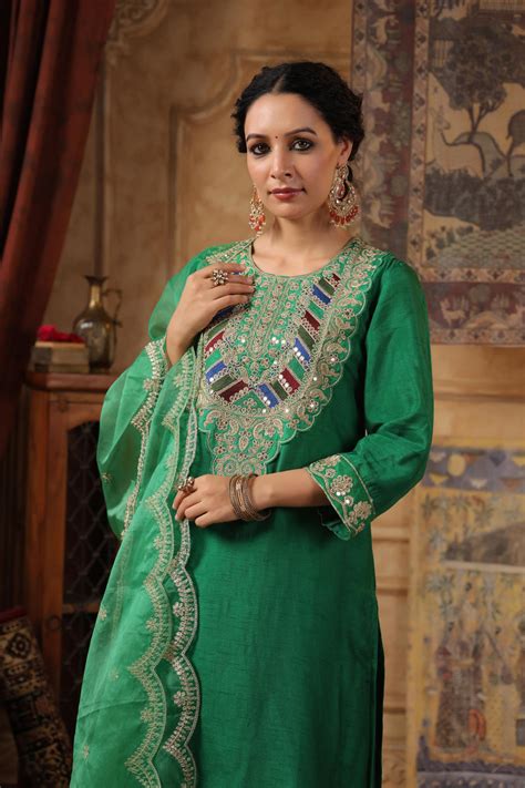 Shop Green Dupion Silk Dori-Sequin Work Suit Set- Elegant Ethnic Wear ...