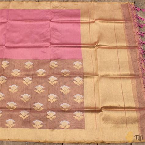 Gold-Pink Pure Kora Silk Net Tissue Banarasi Handloom Dupatta - Tilfi