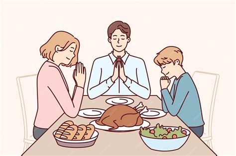 Premium Vector | Family prayer before dinner sitting at table with ...