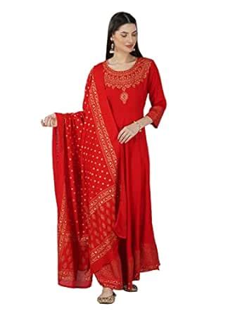 Skya Sia Women Gold Printed Anarkali Kurta with Dupatta Set(Red ...