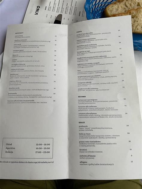 Menu at Lupo Pasta Fresca restaurant, Warsaw
