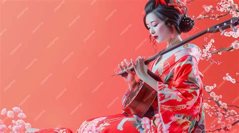 A beautiful japanese woman in a red kimono plays the shamisen a ...