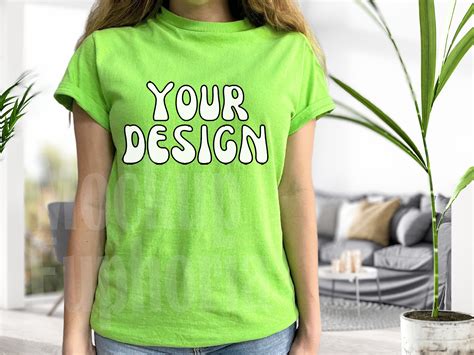 Gildan 5000 Lime Green Shirt Mockup, Female Model, Lime Green Shirts ...