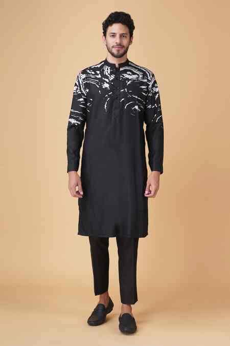 Buy Black Cotton, Silk Abstract Placement Print Kurta Set For Men by ...