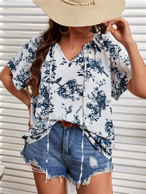 SHEIN LUNE Plus Floral Print Tie Neck Raglan Sleeve Blouse | SHEIN USA